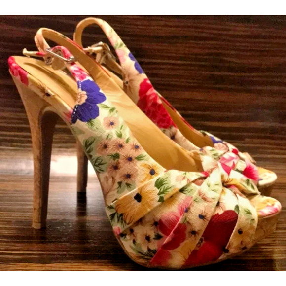 Forever 21 Canvas Floral Peep Toe Platform Cork Heels Size 9 - Picture 2 of 10